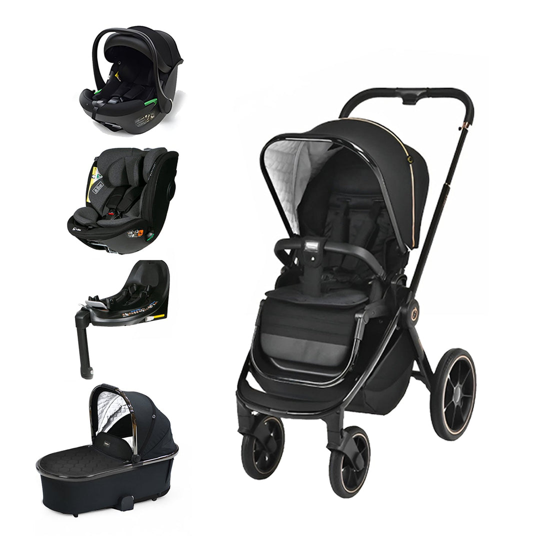 Black and gold Bella II 5-in-1 baby stroller and car seat combo set with Isofix base