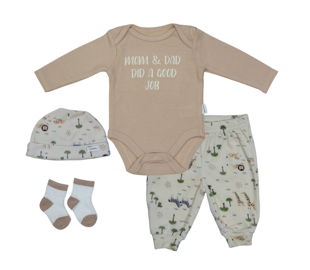 Beige baby 4 piece set with soft fabric and cute design for newborns