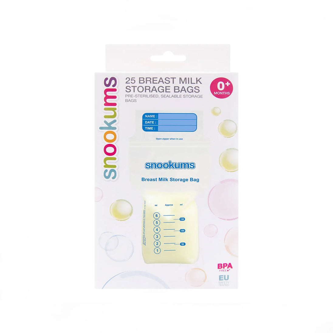 Pack of 25 pre-sterilised breast milk storage bags with write-on panel, leak-proof seal, and easy pour spout for freezing expressed milk.