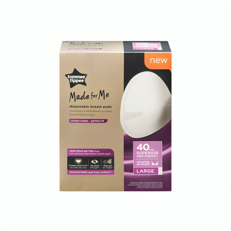 Tommee Tippee Made For Me large disposable breast pads pack of 40 with superior absorbency and adhesive strips for secure fit