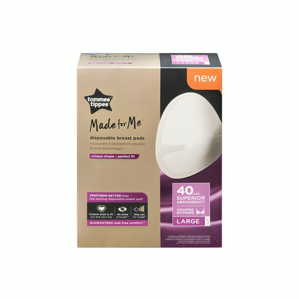 Tommee Tippee Made For Me large disposable breast pads pack of 40 with superior absorbency and adhesive strips for secure fit