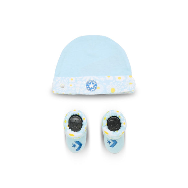 Converse CHN Infant Hat & Booties in True Sky color with iconic Chuck Taylor All Star logo.