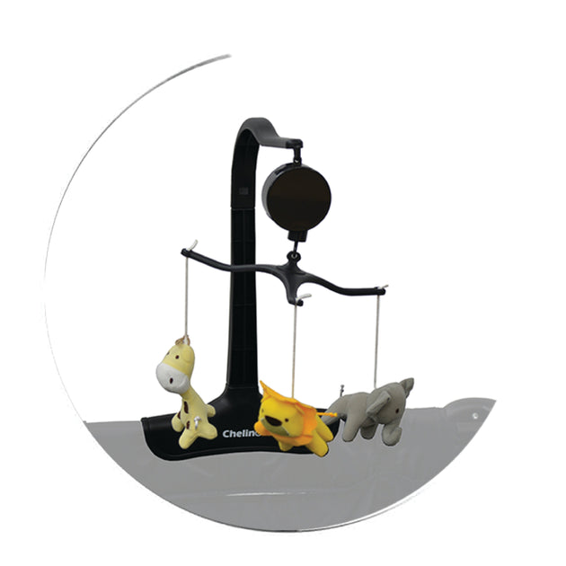 Grey camp cot musical mobile with rotating toys and universal compatibility.