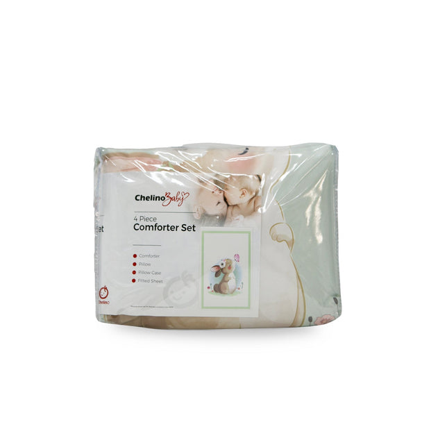 Comforter 4 piece cot set with bunny design including comforter, pillow, pillowcase, and fitted sheet for baby cot