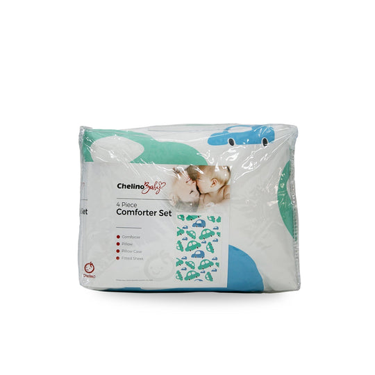 Comforter 4 piece cot set with car design, includes comforter, fitted sheet, pillowcase, and pillow.