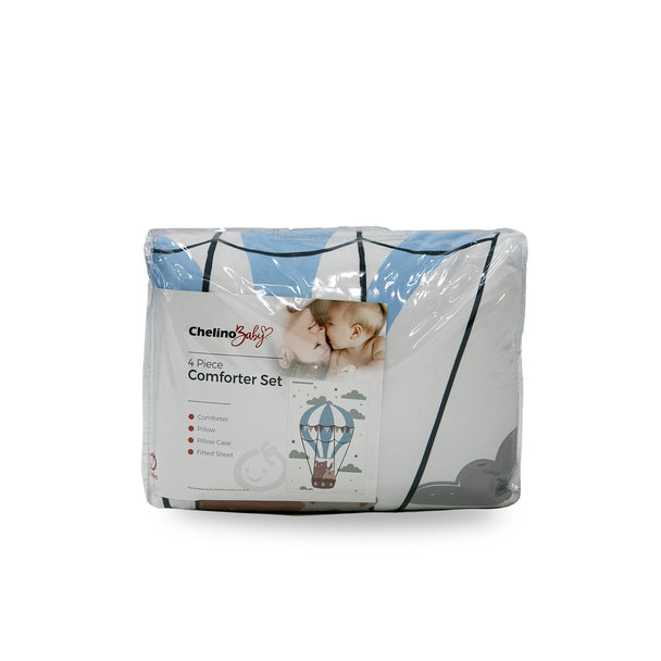 Comforter 4 piece cot set featuring hot air balloon design for babies.
