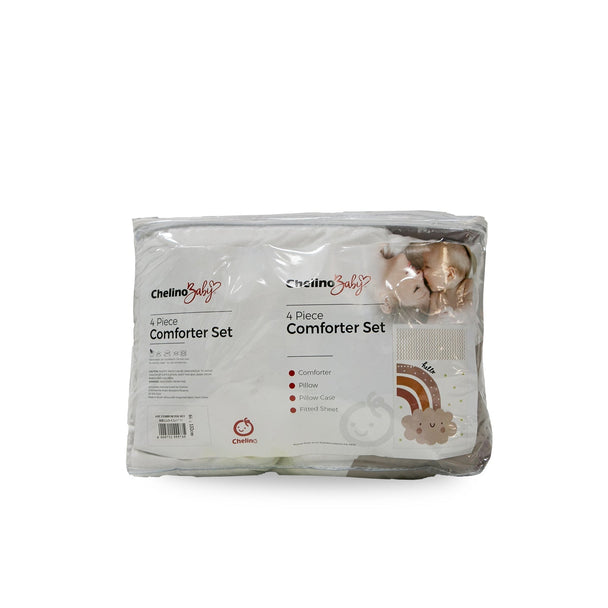 Comforter 4 Piece Cot Set - Cloud packaging with comforter, pillow, pillow case, and fitted sheet for baby's cot.