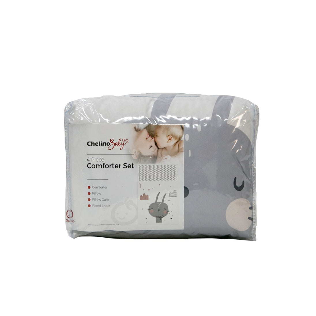 Comforter 4 piece cot set with rabbit design, includes comforter, fitted sheet, pillow case, and pillow, soft and breathable for baby's comfort.
