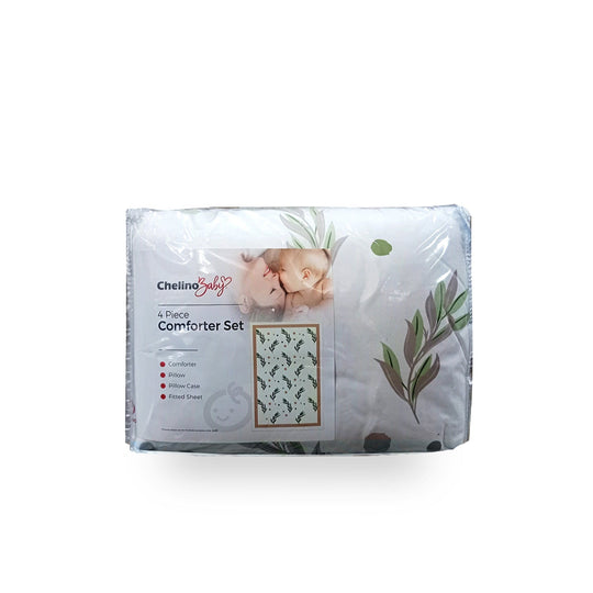 Comforter 4 Piece Cot Set - Leaf design with pillow, fitted sheet, and case for baby's comfort.