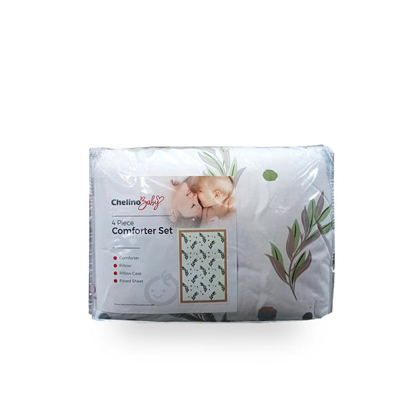 Comforter 4 Piece Cot Set - Leaf design with pillow, fitted sheet, and case for baby's comfort.