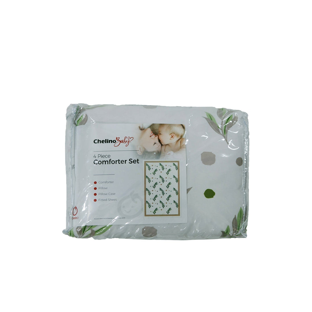 Comforter 4 Piece Cot Set - Leaf, soft and breathable baby bedding with gentle patterns, includes comforter, fitted sheet, pillow case, and pillow.