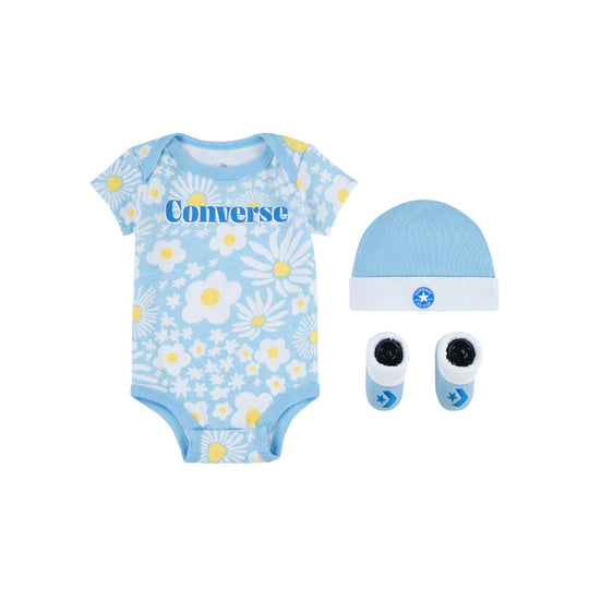 Converse CHN Seasonal 3 Piece Set in True Sky with bodysuit, hat, and booties for infants.
