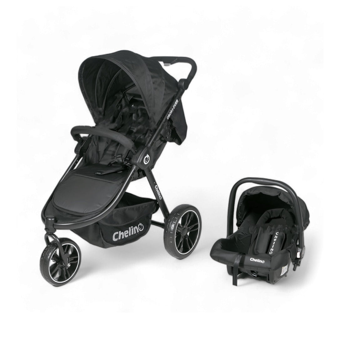 Three-wheeler crossover travel system with car seat.