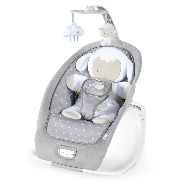 Ingenuity infant to toddler rocker and baby bouncer seat with cuddle lamb design, plush toy bar, 5-point harness, and soothing vibrations in gray and white colors