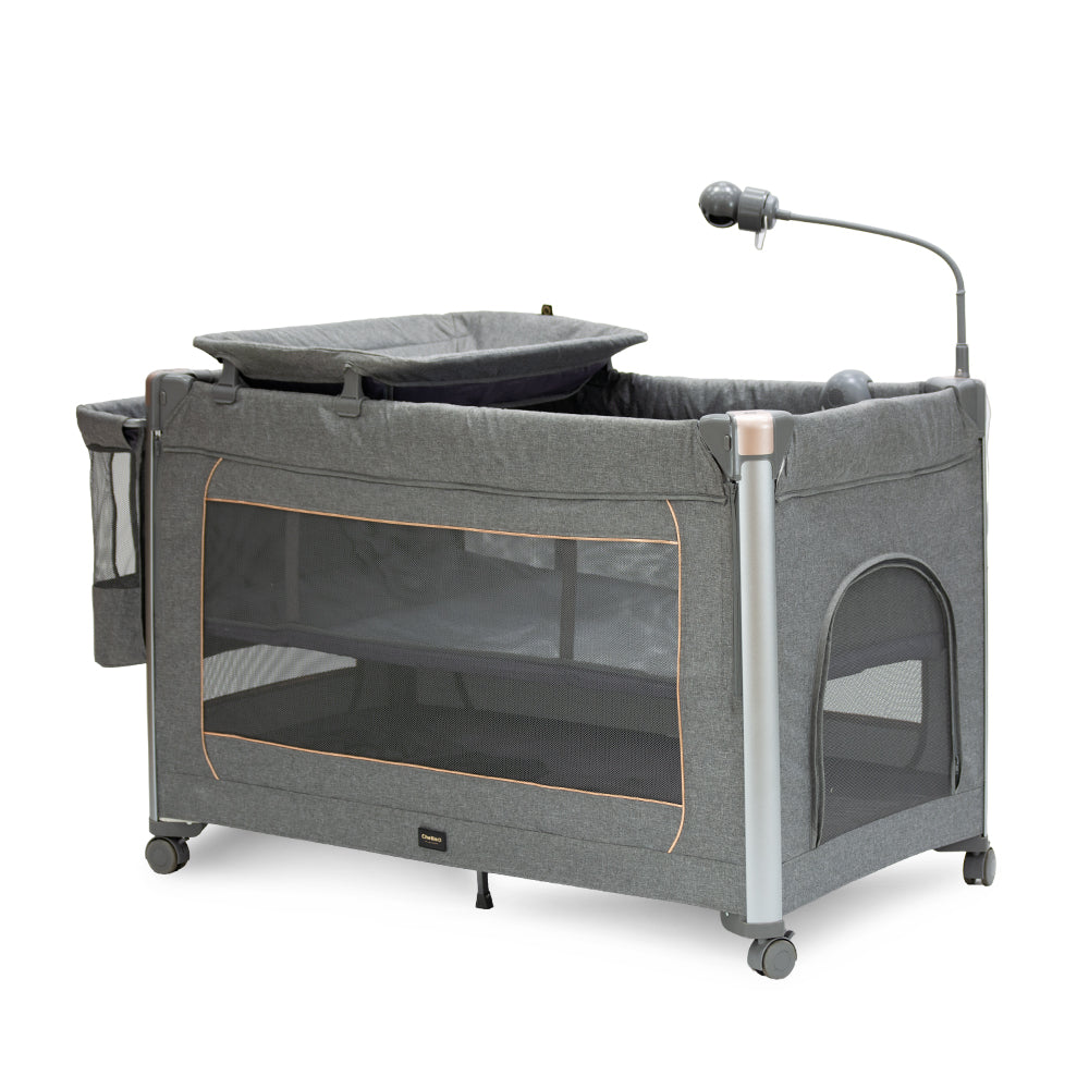 Cuddle Me Lux 2 in 1 Camp Cot with built-in baby monitor and accessories