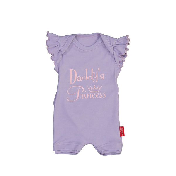 Purple Baby Republic Daddy's Princess baby onesie with ruffled sleeves and graphic text, made of 100% cotton.