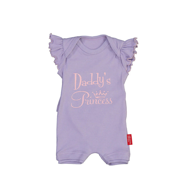 Purple Baby Republic Daddy's Princess baby onesie with ruffled sleeves and graphic text, made of 100% cotton.