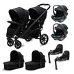 Deuce Twin 8 in 1 travel system with twin stroller, two car seats, carry cots, and Isofix bases for safe family travel