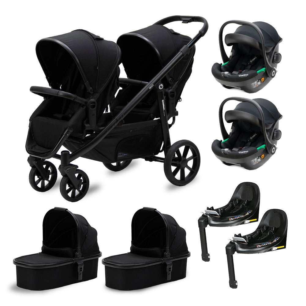 Deuce Twin 8 in 1 travel system with twin stroller, two car seats, carry cots, and Isofix bases for safe family travel