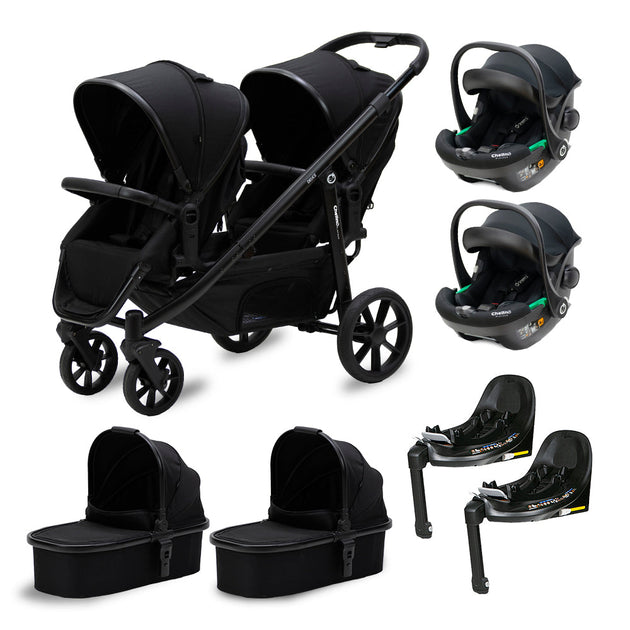 Deuce Twin 8 in 1 travel system with twin stroller, two car seats, carry cots, and Isofix bases for safe family travel