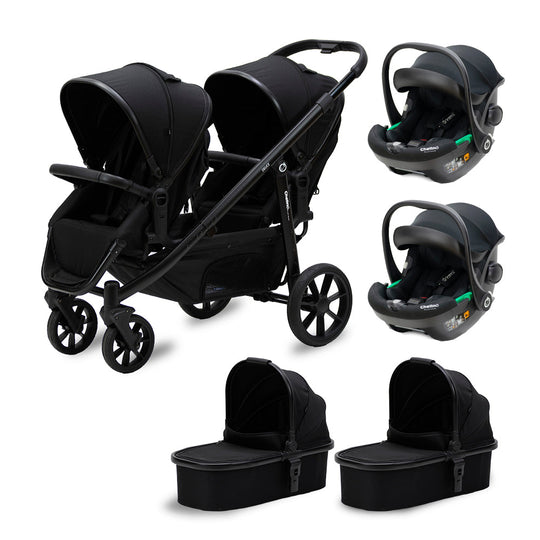 Deuce Twin 6 IN 1 Travel System featuring stroller, two car seats, and carry cots for twins' safety and comfort