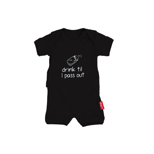 Black baby romper with "drink til I pass out" text and baby bottle graphic, Baby Republic Drink Til I Pass Out design.