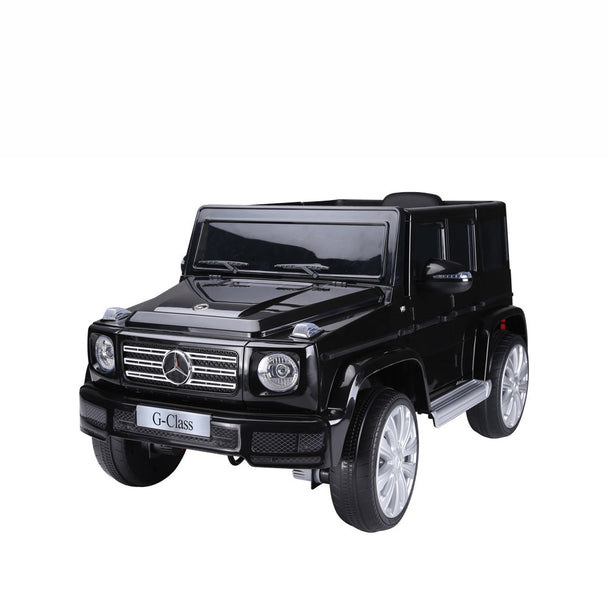 Black Mercedes Benz G500 ride on car for children ages 3-8, featuring realistic design, remote control, and safety seat belt.