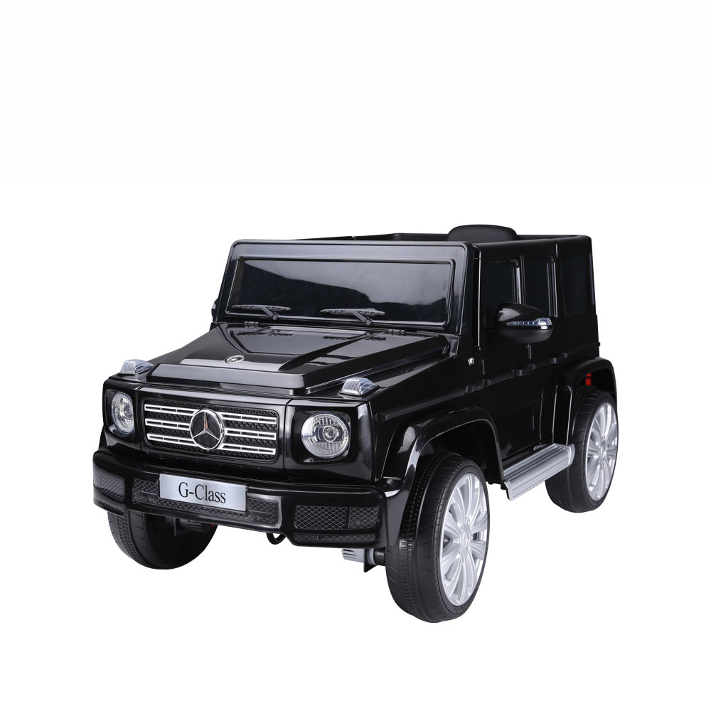Black Mercedes Benz G500 ride on car for children ages 3-8, featuring realistic design, remote control, and safety seat belt.