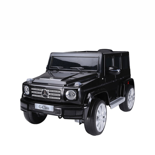 Black Mercedes Benz G500 ride on car for children ages 3-8, featuring realistic design, remote control, and safety seat belt.