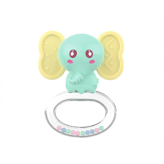 Baby teether rattle toy with pastel colors and pestle-shaped design for newborns.