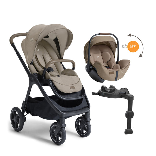 Joie Finiti™ Travel System Sandstone compact fold pram with infant car seat and base
