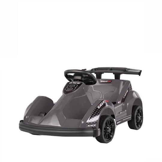 Grey Go Kart ride-on car for kids with sleek design and functional controls.