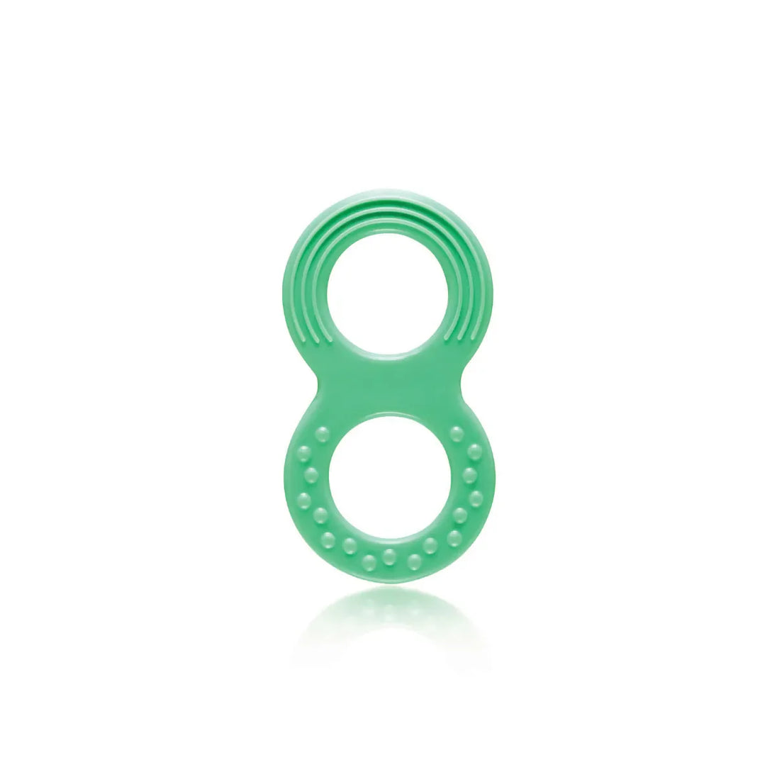 Green Snookums rubber teether with dual textured rings for baby teething relief and easy grip