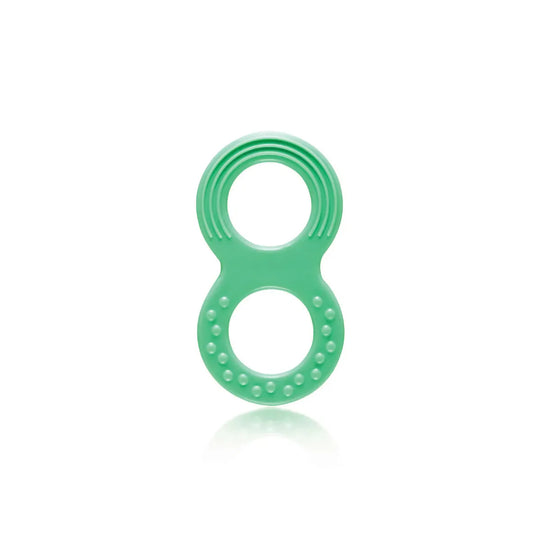 Green Snookums rubber teether with dual textured rings for baby teething relief and easy grip