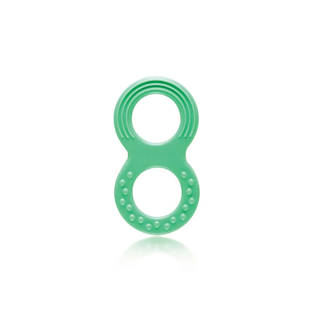 Green Snookums rubber teether with dual textured rings for baby teething relief and easy grip