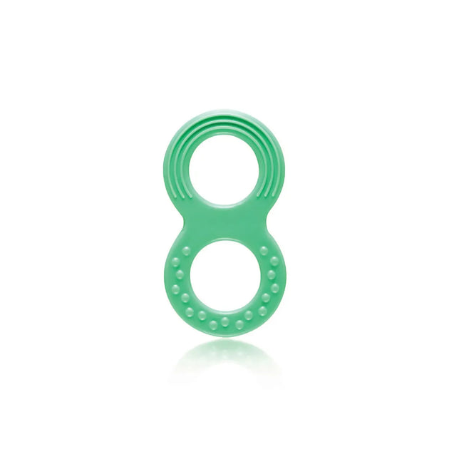 Green Snookums rubber teether with dual textured rings for baby teething relief and easy grip