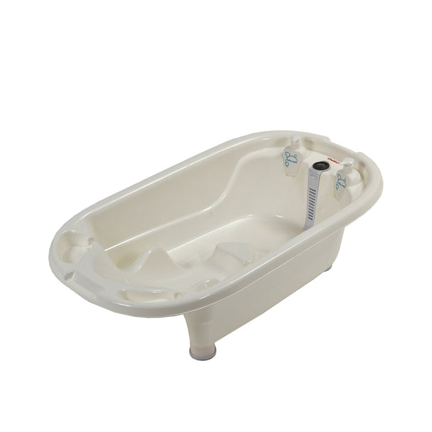 Grey ergonomic baby bath with anti-slip base and curved edges for safe and comfortable bathing.
