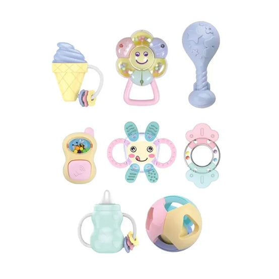 Baby teether rattles set in pastel colors, designed for newborns, featuring easy-to-grip pestle shapes and stimulating sensory development.
