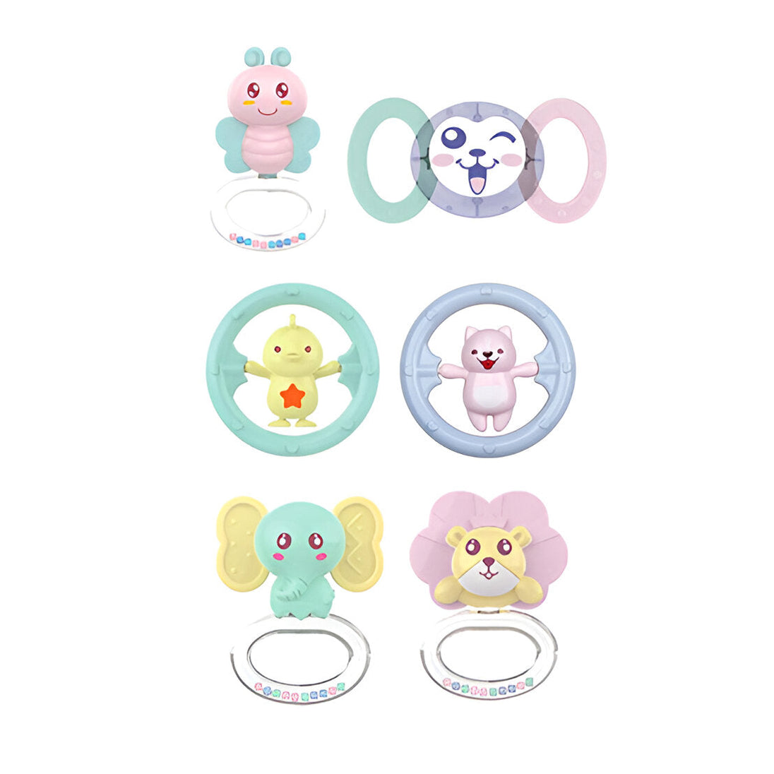 Baby Teether Rattles 6PC in pastel colors featuring various characters and easy-to-grip design.