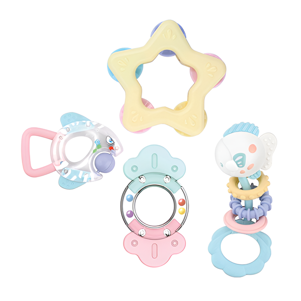 Baby Teether Rattles 4PC Pestle Colours for newborn sensory and motor skill development.