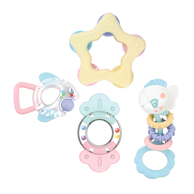 Baby Teether Rattles 4PC Pestle Colours for newborn sensory and motor skill development.