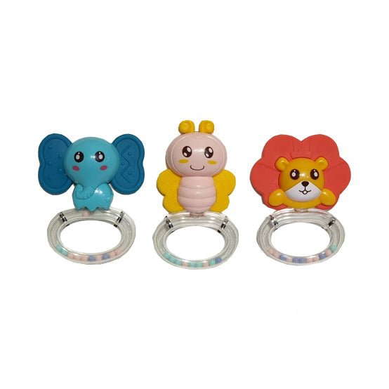 Brightly colored baby teether rattles with animal characters, suitable for newborns, enhancing sensory development.