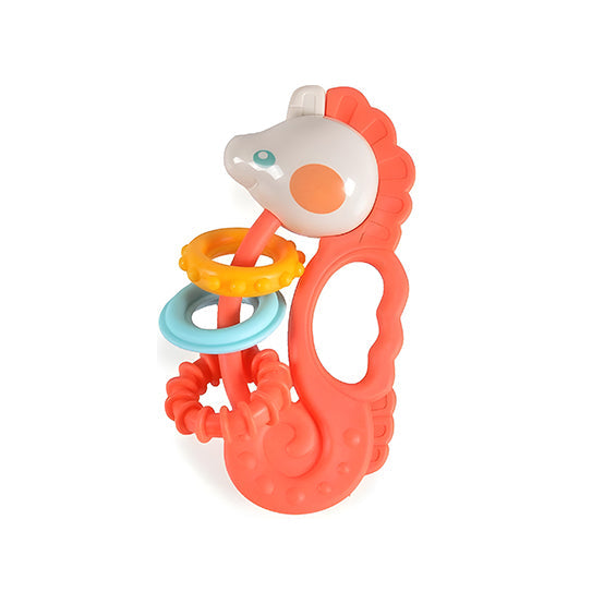 Colorful seahorse baby teether rattle with sensory and teething relief features.