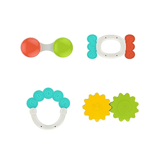 Baby Rattle Set HE0152 with four bright, colorful pieces for newborn sensory development.
