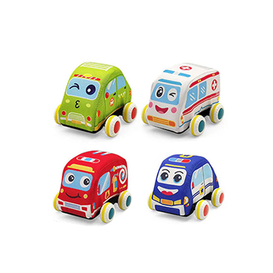 Mini soft vehicle pull back toy set in green and white, featuring four colorful cars for toddlers.