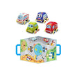Mini soft vehicle pull back set with carpet, featuring five colorful toy cars for children.