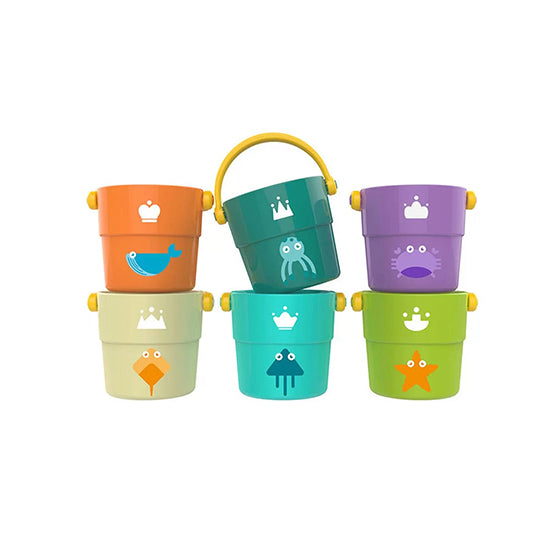 Colorful baby stacking buckets with ocean animal designs.
