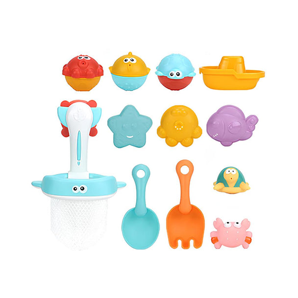 Baby bath water bag toy set with 12 colorful pieces, including hippo character, designed for fun bath time.