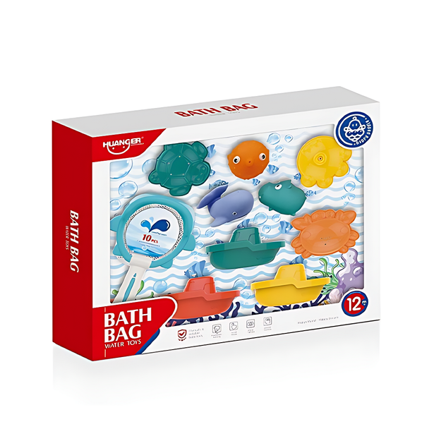 Baby Bath Toy 10PC Ocean Animals set with colorful sea creatures in a packaging box.