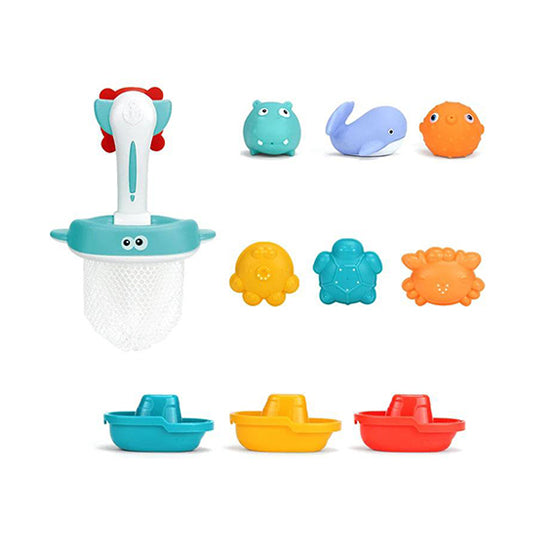 Baby bath toy set with 10 colorful ocean animal figures including a whale, crab, and turtle, designed to enhance sensory and motor skills.